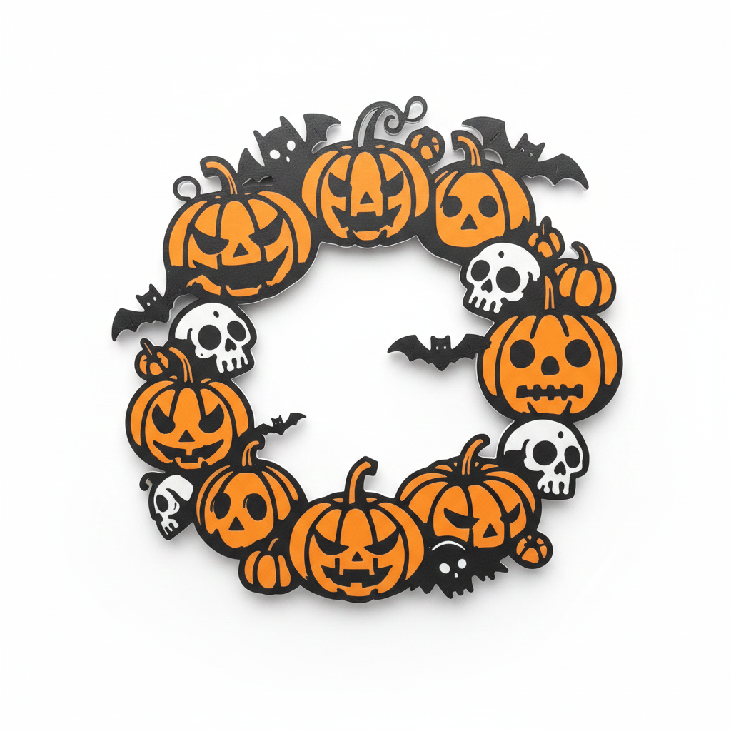 Pumpkin & Skull Wreath - White Background
